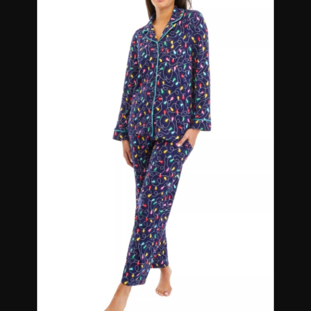 Pajamarama Christmas Lights Pajama Set Size SMALL Button Up Top Long Pants